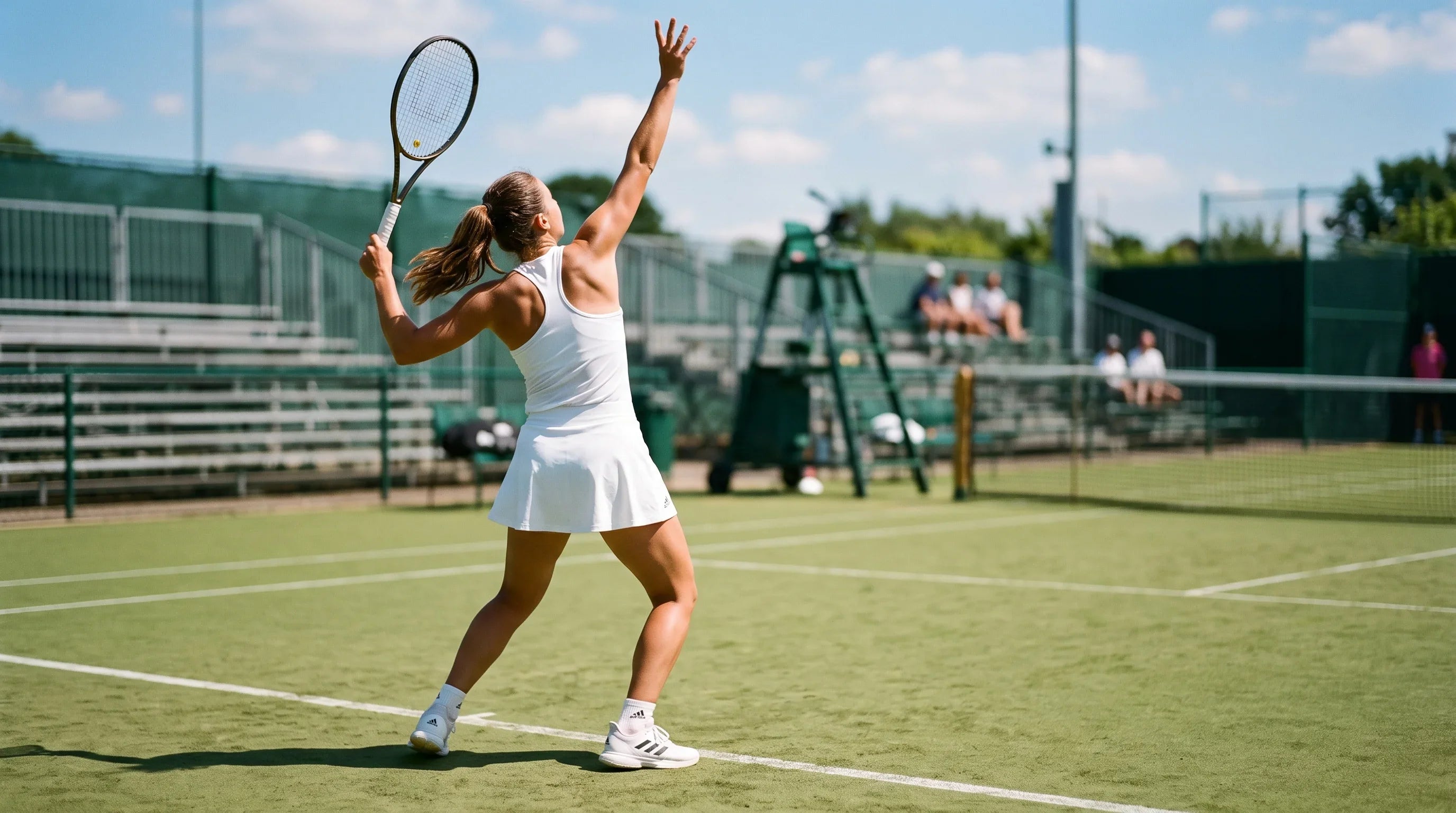 Female tennis player in racerback tank and skort at baseline, outdoor court, natural sunlight